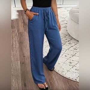 Elegant Blue Wide Leg Pants with Lace Trim